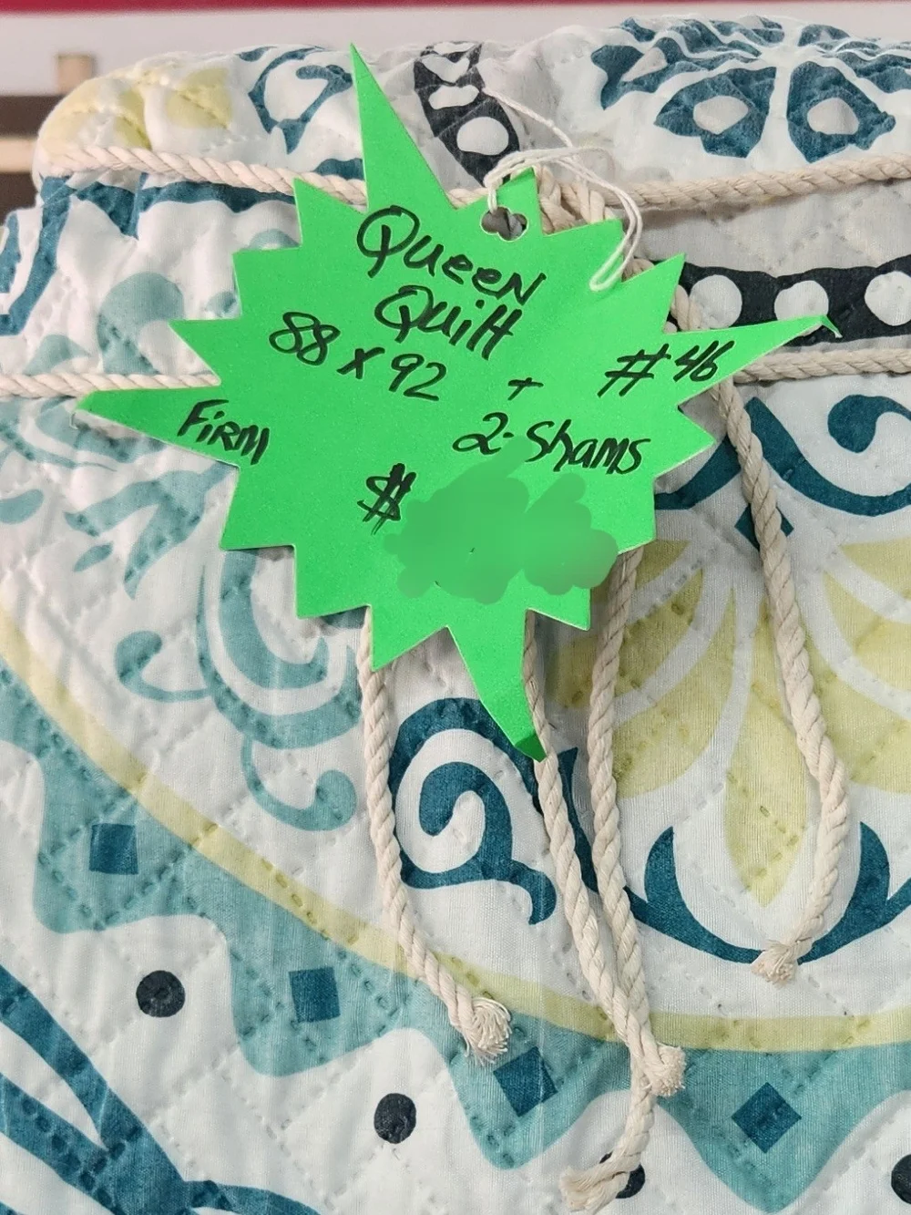 Teal & Yellow Scroll Pattern Queen Quilt